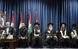 Hamas leader Ismail Haniya gives a press conference during a meeting with members of the anti-Zionist religious Jewish communities of USA in Gaza